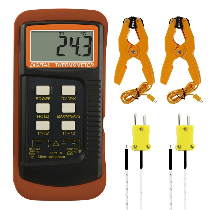 DANOPLUS K Type Thermocouple Thermometer (-50~1300°C), Dual Channels Digital Thermometer with 2 Temperature Clamp 2 Wired Thermocouple Probes, High Accuracy Temperature Kelvin Scale Meter Tester - Image 1